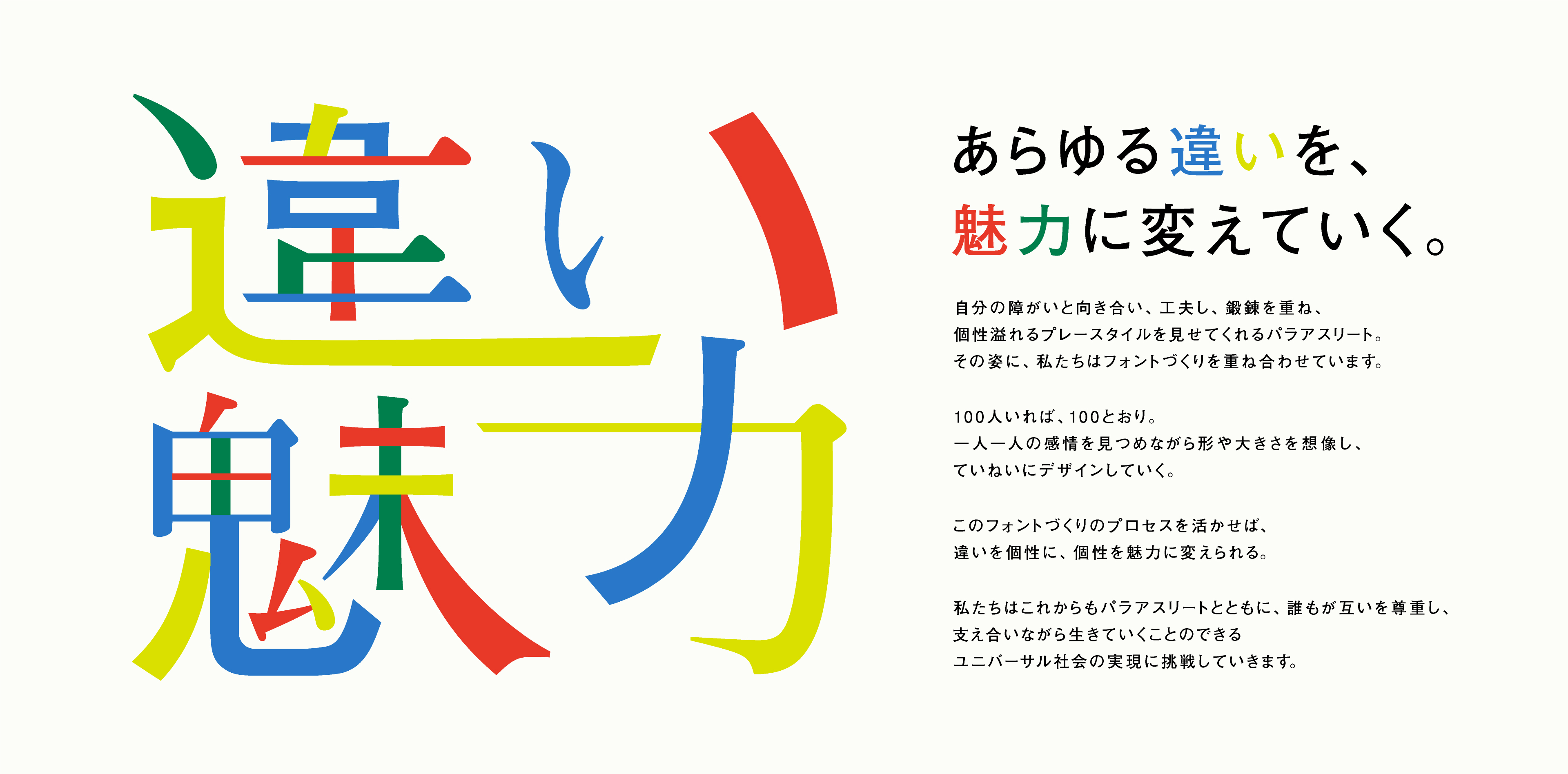 あらゆる違いを、魅力に変えていく。 自分の障がいと向き合い、工夫し、鍛錬を重ね、個性溢れるプレースタイルを見せてくれるパラアスリート。その姿に、私たちはフォントづくりを重ね合わせています。100人いれば、100とおり。一人一人の感情を見つめながら形や大きさを想像し、ていねいにデザインしていく。このフォントづくりのプロセスを活かせば、違いを個性に、個性を魅力に変えられる。私たちはこれからもパラアスリートとともに、誰もが互いを尊重し、支え合いながら生きていくことのできるユニバーサル社会の実現に挑戦していきます。