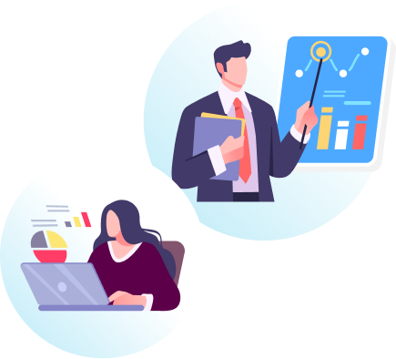 男性がプレゼンテーション、女性が資料を作成をしているイラスト